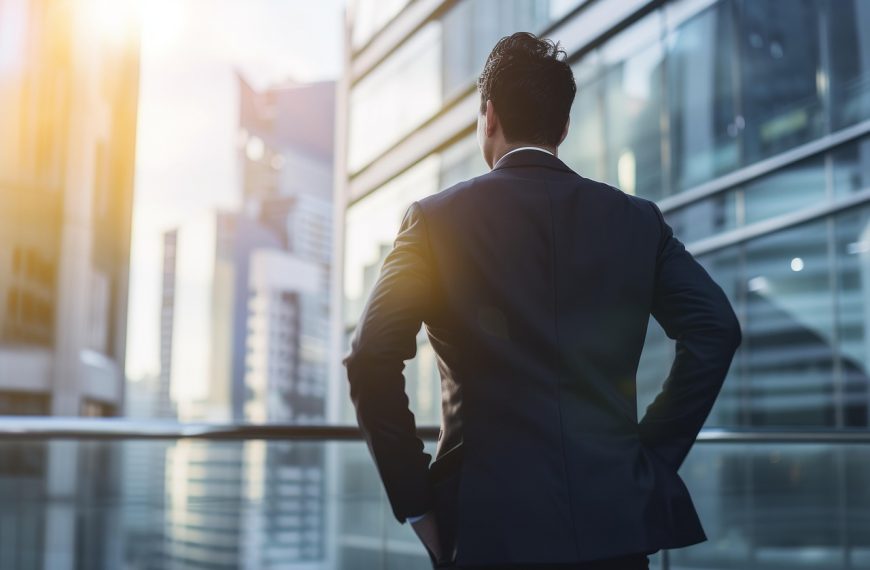 man in a suit looking out to a vast cityscape from an office balcony